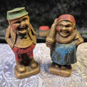 Vintage Folk Art Syroco Figure Set Old Man & Woman Couple with Barrel 1940s Rare